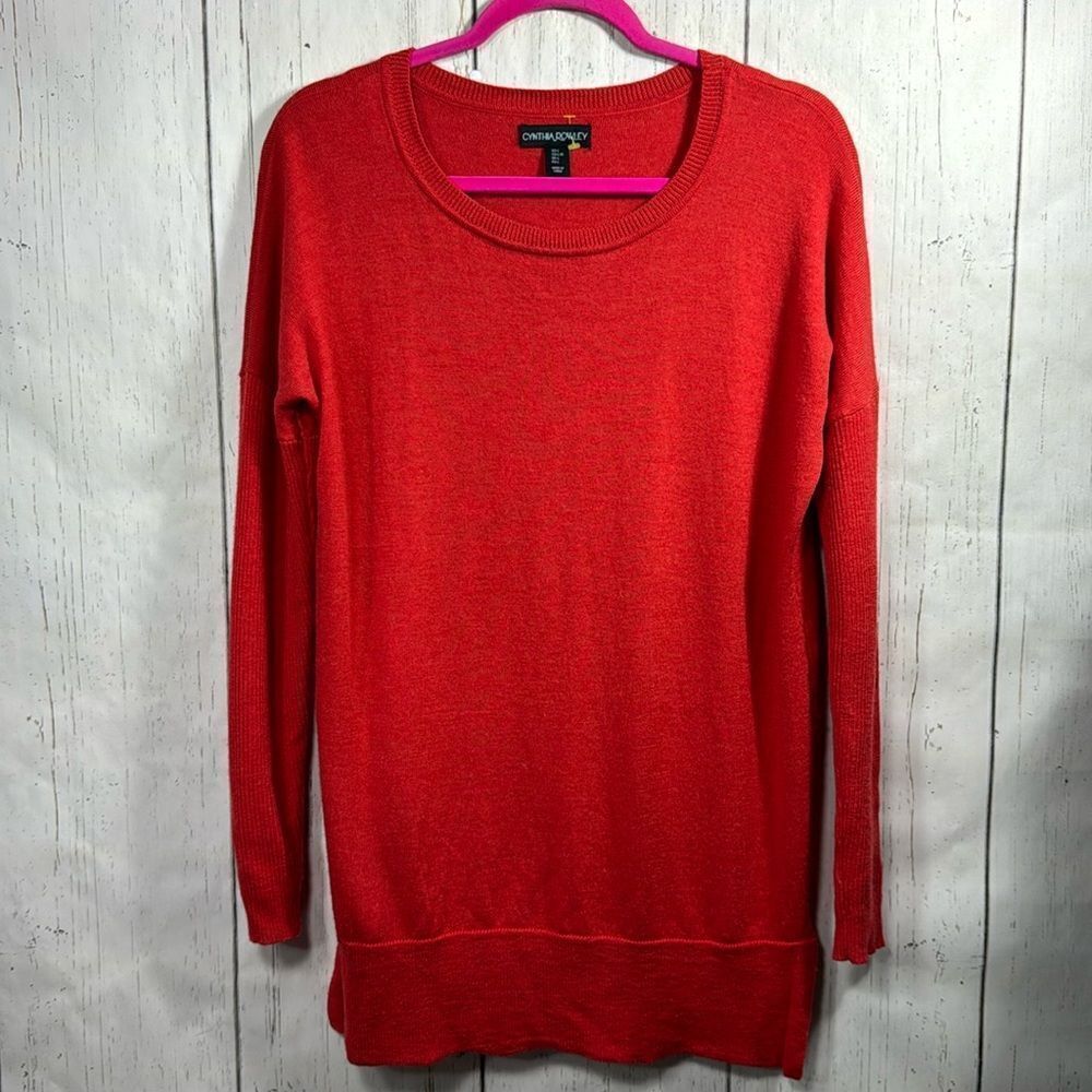 Cynthia Rowley Red 100% Merino Wool Knit Sweater Size L Classic Preppy Cozy